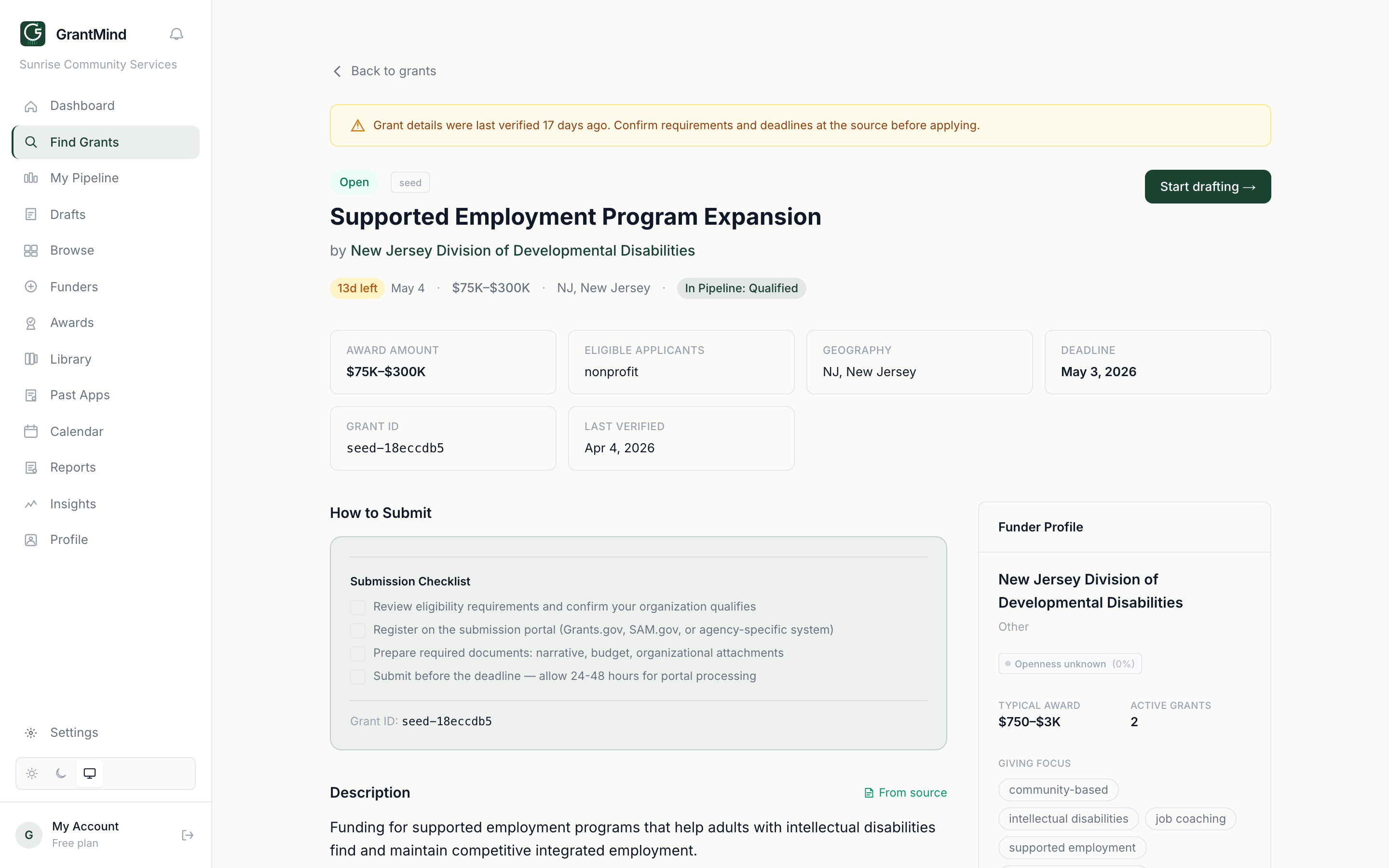 Grant detail view with funder intelligence and eligibility