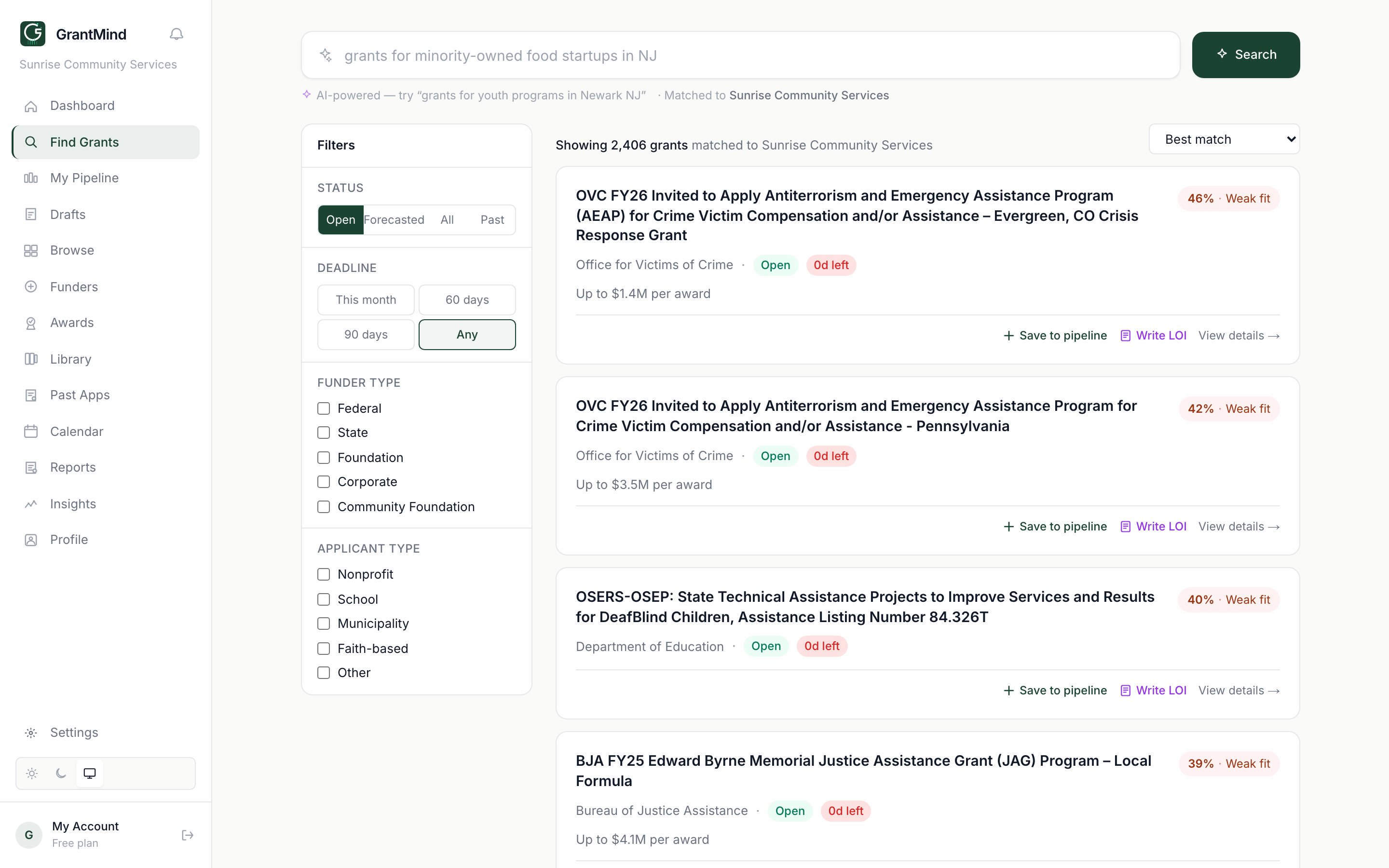 GrantMind search — describe what you're looking for in plain language and get grants matched to your mission.