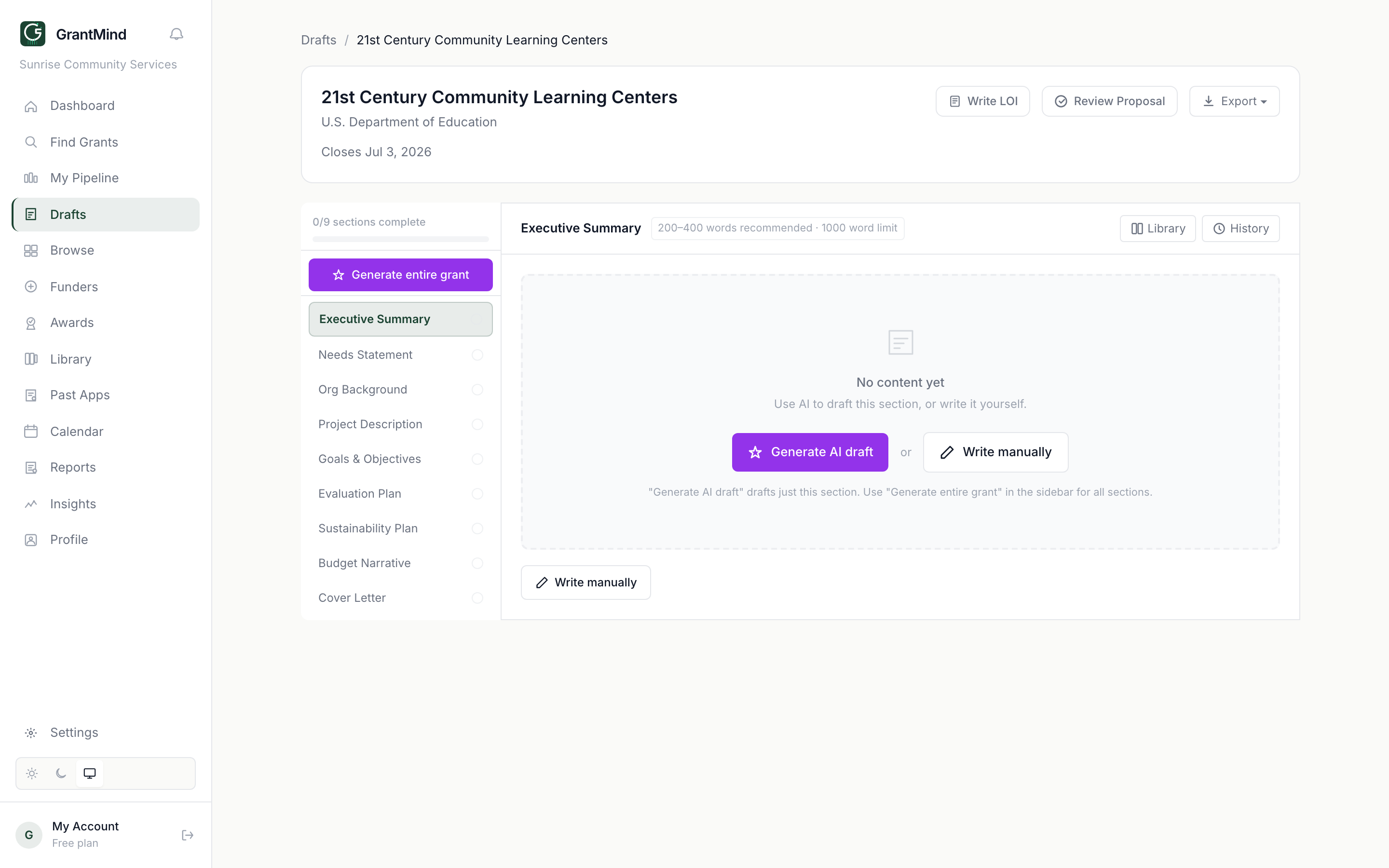 GrantMind proposal workspace — AI-drafted sections, the 0–100 Reviewer scoring against the funder's rubric, all editable inline.